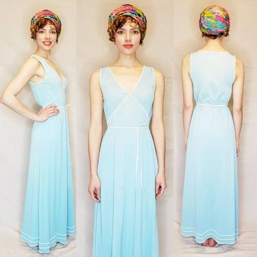 1960s 1970s Blue Nightgown Slip Dress Criss Cross White Trim / 60s 70s Ankle Length Blue Nylon Sleeveless Grecian Goddess by Vasserette / M 