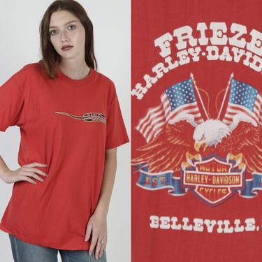 Vintage 3D Emblem Harley Davidson T Shirt / 80s 2 Sided Motorcycle Dealer Tee / Mens Red Cotton Biker Eagle Shirt 