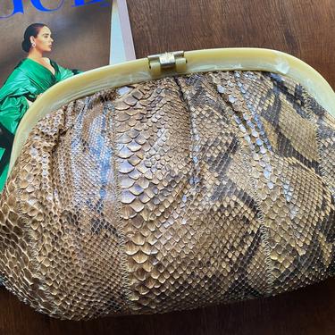 Vintage Snakeskin Clutch Purse with Bakelite Handle 70’s Leather Handbag 