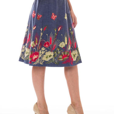 1970S Cotton Chambray Gucci-Inspired A-Line Floral Embroidered Skirt 