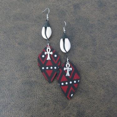 African print earrings, Ankara and cowrie shell earrings, bold statement earrings, Afrocentric earrings, red batik earrings, silver ankh 