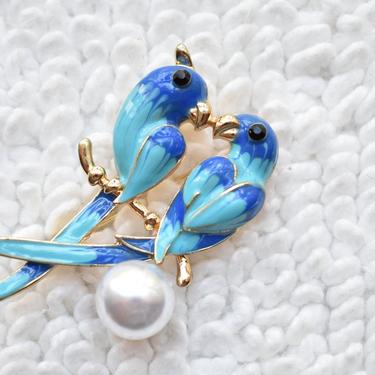 Vintage Brooch 2 Blue Parrots w/ Pearl on Branch | 2000 Love Birds | Valentines Anniversary Birthday Gift | Bright Colors Tropical Beach Pin 