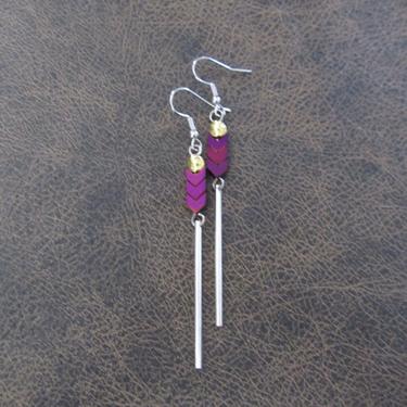 Minimalist earrings, long geometric earrings, mid century modern earrings, Brutalist earrings, purple hematite earrings, silver dangle 