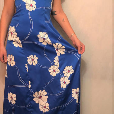 1970s Royal Blue Hawaiian Satin Maxi Dress || Plunge Watteau Back || Adjustable Waist || Size L/XL by CelosaVintage