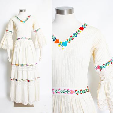 Vintage 70s Mexican Wedding Dress -Beige Crochet Lace Floral Maxi Gown 1960s - Medium 