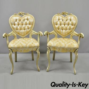 Pair of Vintage Victorian Heart Back French Provincial Cream Painted Arm Chairs