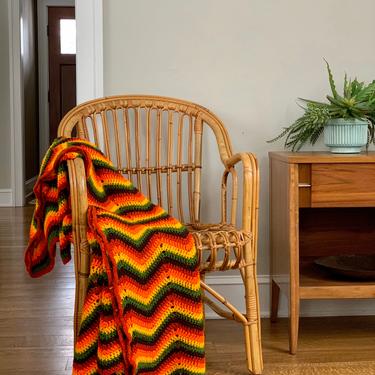 Retro Hand Crocheted Afghan Throw | Vintage Afghan Blanket in Burnt Orange, Brown, Green, Yellow, Orange | Couch Cover 