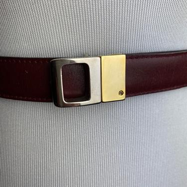 90s sleek leather belt Burgundy red with shiny Gold & silver smooth buckle~ polished posh 70s 80s 90s skinny belt size small 26” w + 