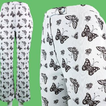 1970s vintage butterfly pants. White & dark brown. Novelty. Springtime high rise flares. Size M. 