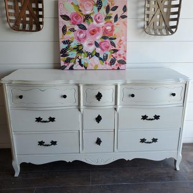 French Provincial 9 Drawer Dresser White Distressed