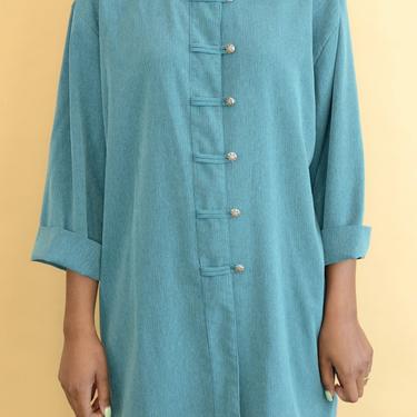 Vintage Blue Teal Long Sleeve Oversize Shirt Blouse Dress 