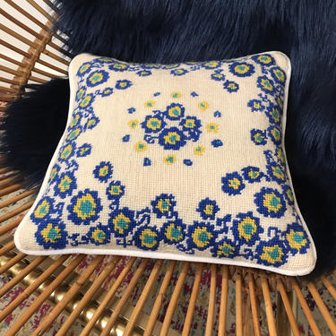 Velvet Wool Cross Stitch, throw pillows 1970s folk art pillows White Velvet, Blue Teal, Yellow Cream 
