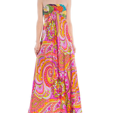 1960s Leonard Psychedelic Paisley Sequin Bandeau Cutout Evening Gown Size: XS 