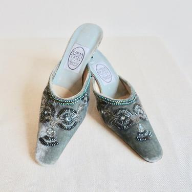Emma Hope Size 37, 6.5 US Slate Blue Velvet Beaded Embroidered Mules Evening Shoes Made in Italy 