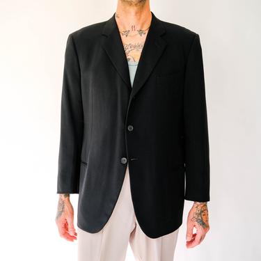 Vintage 90s Giorgio Armani Black Gabardine Boxy Fit Three Button Blazer | Made in Italy | 100% Wool | 1990s Designer Tailored Mens Jacket 