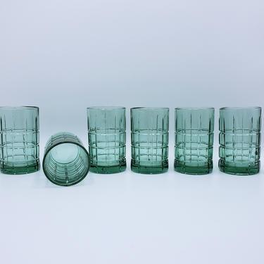 FREE SHIPPING! Vintage Anchor Hocking Juice Glasses | Light Blue Teal Small Tumblers | Set of 6 Checkered Plaid Pattern Glassware Drinkware 