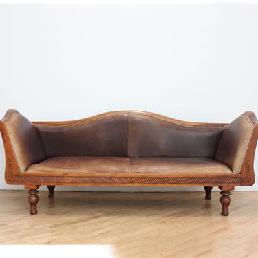 Vintage Leather Chippendale Sofa Camelback Kudu Carved Teak African Braided 