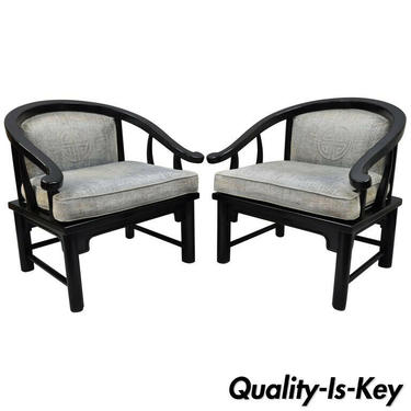 Pair of Black Oriental James Mont Style Horseshoe Asian Lounge Chairs by Century