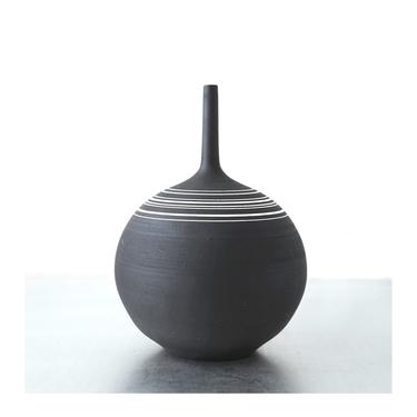 SHIPS NOW- one raw unglazed stoneware bottle vase, black clay with white porcelain stripes by Sara Paloma Pottery. black round bud vase 