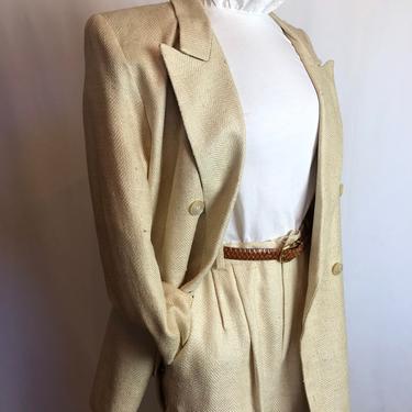 90’s woven silk pant suit &amp; skirt suit~?3 piece set~ buttery tan double breasted Women’s  suit~ pleated high waisted size 4-6 petite 