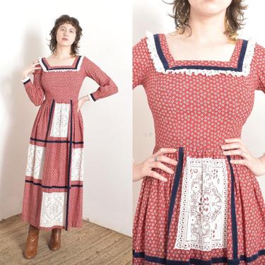 Vintage 1970s Dress / 70s Floral Print Peasant Maxi Dress / Red White ( XS S ) 
