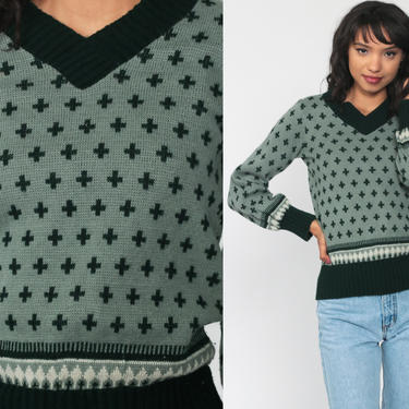 70s Sweater Green Geometric Sweater V Neck Knit Sweater Vintage 80s Bohemian Nordic Winter Sweater Pullover Jumper Small s 