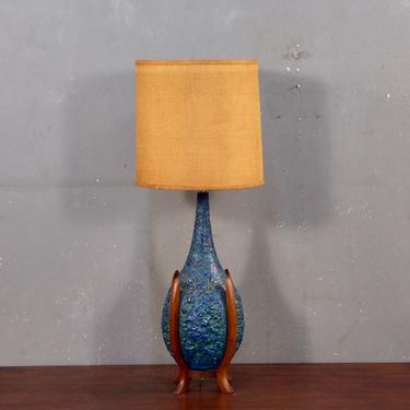Mid Century Blue-Green Ceramic &amp; Walnut Table Lamp