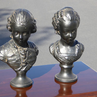 Pair of Victorian Style Grey Boy &amp; Girl Bust Sculptures Bookends 