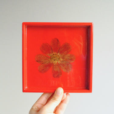 Vintage Red Lacquer Tray with Pressed Flower, Small Red Tray 