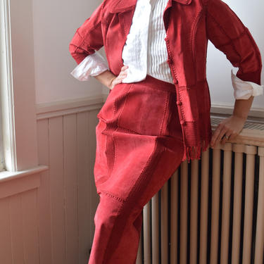 Vintage Red Suede and Crochet Patchwork Jacket and Skirt Set | 1990s | S-M 