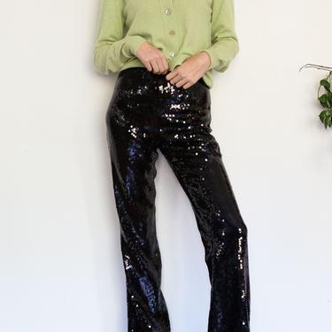 Vintage JAEGER 1990s Noir Sequin Trousers sz 25 26 27 Pants Black Boot Cut Beaded Embellished Disco 