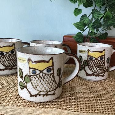 Otagiri Stoneware Set 4 Coffee Mugs Owls, New Old Stock Coffee Mug Instant Collection 