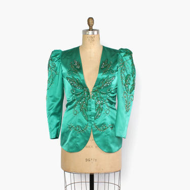 Vintage 80s Sequin Silk Jacket / 1980s Over the Top Puff Sleeve Cocktail Jacket by luckyvintageseattle