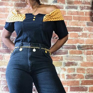 Vintage 1980s 1990s Off Shoulder Boxy Crop Short Sleeve Cotton T-shirt Curved Hem Black Polka Dot Yellow Pleated Gathered Blouse Top 