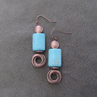 Turquoise earrings, blue howlite tribal earrings, boho earrings, long chic earrings, bohemian earrings, ethnic earrings, rustic copper 