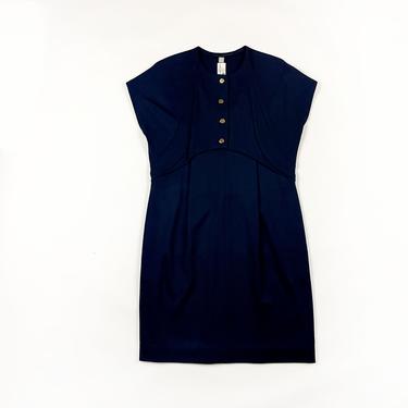 80s Geoffrey Beene Navy Blue Minimal Short Sleeve Shift Dress / Large / Cocoon / Gold Buttons / Faux Vest / Saks Fifth Ave / Square Tag / 