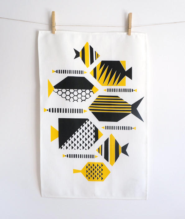 Yellow tropical fish tea towel  •  retro / mid-century / geometric design 