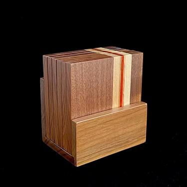 Vintage Modernist Set of 6 Inlaid Wood Coasters with Inlaid Stripe Design and Original Caddy 
