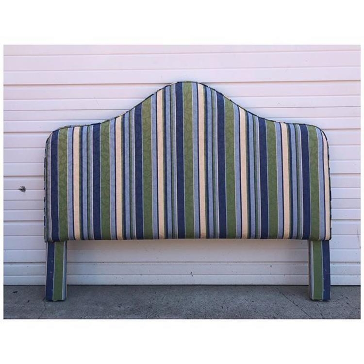 Green / Blue striped upholstered queen headboard 62” w / 49” h 