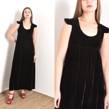 Vintage 1970s Dress / 70s Cap Sleeve Velvet Maxi Dress / Black ( small S ) 