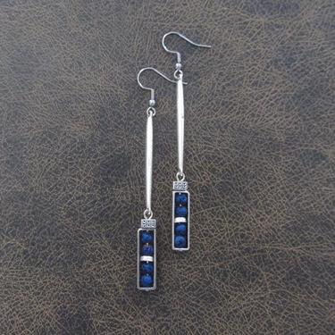 Industrial earrings, blue lava rock and silver minimalist earrings, mid century modern earrings,  unique Art Deco earrings, geometric 