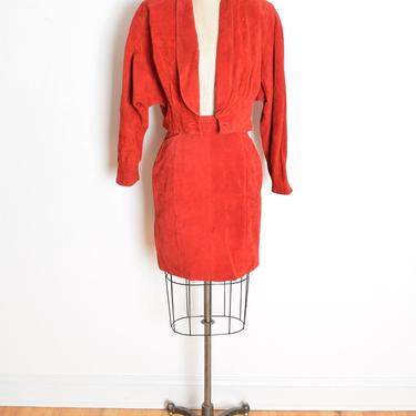 vintage 80s red leather suede skirt jacket suit set blazer outfit M clothing 