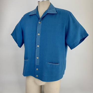 1950's Shirt-JAC - Powder Blue Rayon - Striped Placket, Collar and Slash Pocket Details -  - Men's Size Large 