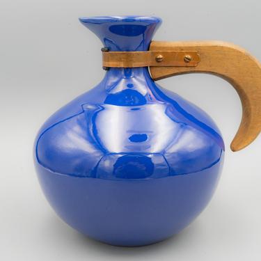 Bauer Cobalt Blue Plainware Carafe with Wood Handle (no lid) | Vintage California Pottery Mid Century Modern Serveware 