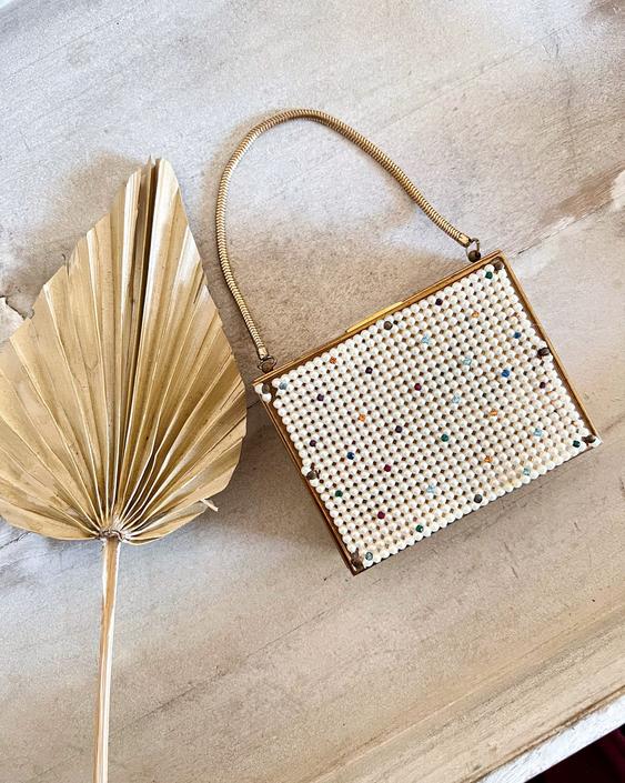 1950s pearl rhinestones compact purse carryall wristlet, dance purse, vintage makeup case, miniaudiere small purse, gift for her 