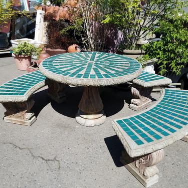 Tiled Concrete Table and Bench Set