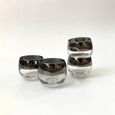 Mid Century Silver Rimmed Roly Poly Cordial Glasses / Set of 4 