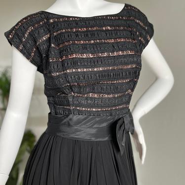 1950s Lace and Silk Chiffon Black Cocktail Dress MCM 36 Bust Vintage 