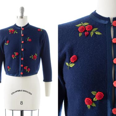 Vintage 1950s Cardigan | 50s Red Rose Embroidered Floral Knit Wool Navy Blue Cropped Sweater Top (small/medium) 