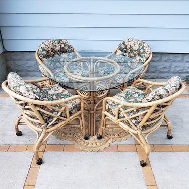 FREE SHIPPING! Vintage Rattan 5pc Dining Table Set | Boho Wicker Glass Top Table, 4 Rolling Chairs on Caster Wheels | Bamboo 
